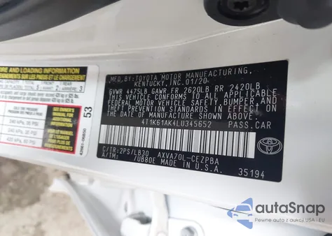 2020 Toyota Camry Xse z USA, uszkodzony, nr VIN 4T1K61AK4LU345652